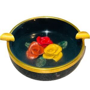 Vintage 3d Flowers Diorama Ashtray Concave Glass 5" Bohemian Boho Handmade Roses